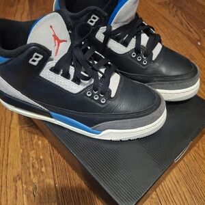 Jordan Kids Black/White/Blue Retro Basketball Sneakers with Red Jumpman